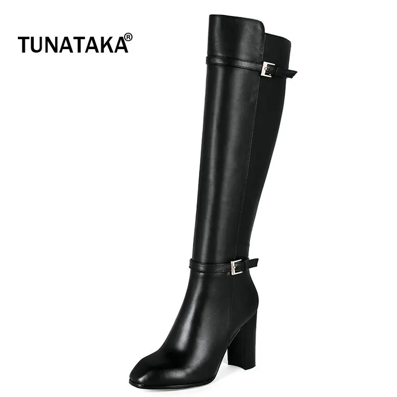 

Woman Genuine Leather Square High Heel Side Zipper Knee High Boots Fashion Square Toe Buckle Dress Winter Boots Black