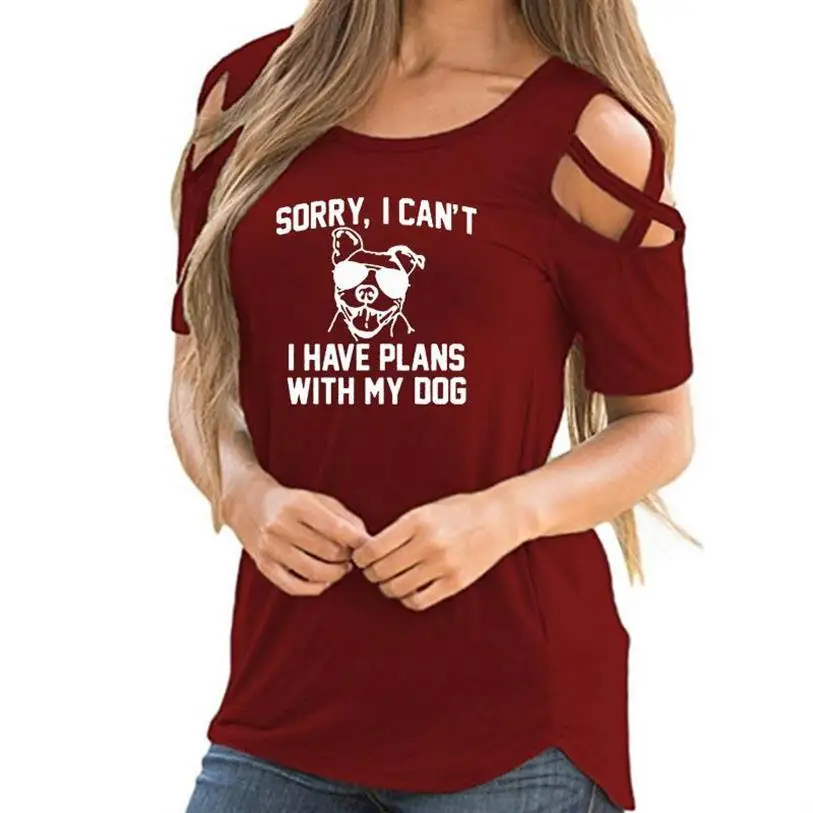 

T-Shirt For Women Sorry I Cant I Have Plans With My Dog Letters Print Bandage Off Shoulder T-Shirt Women Plus Size Harajuku