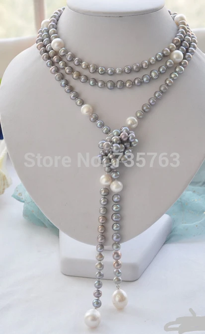 

NEW N619 14mm gray round white drip freshwater pearl necklace