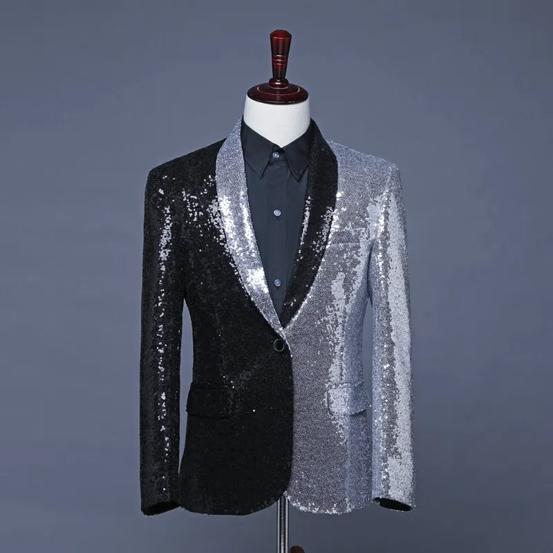 

Unique Men Blazers Half Black and Silver Sequin Jacket Magician Costume Cosplay Singer Concert Jacket Nightclub DJ Blazer