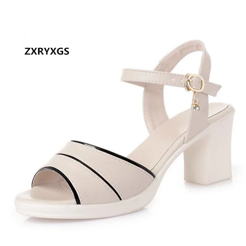 

2019 new spell colors cowhide open shoes woman sandals high heeled sandals plus size summer leather sandals