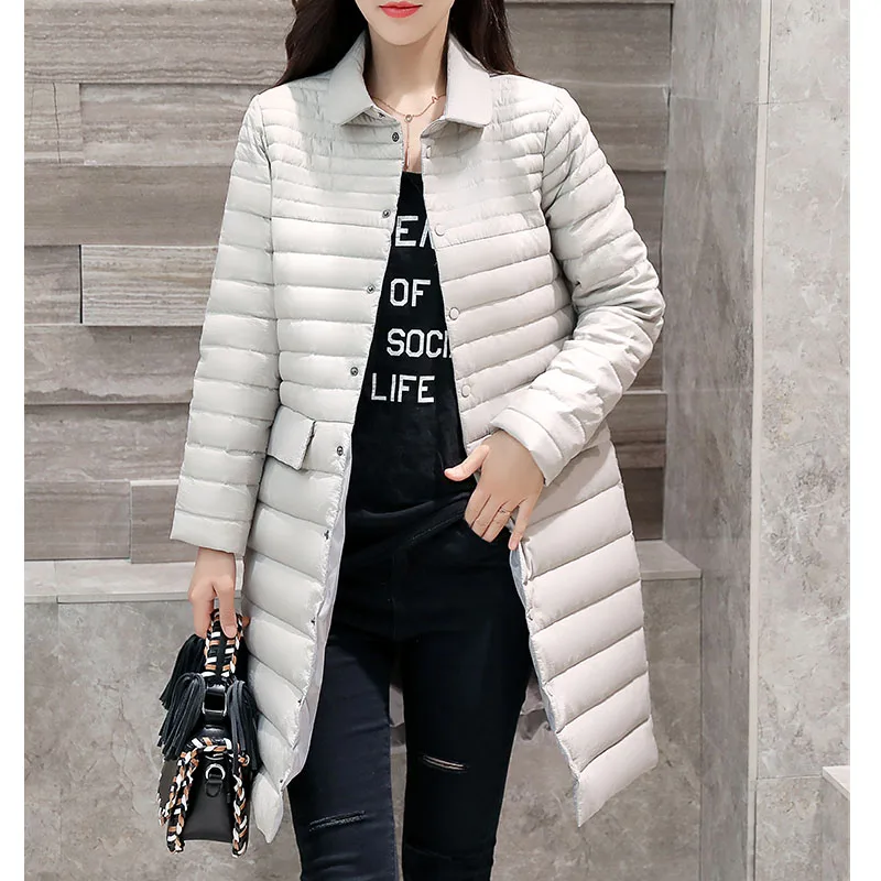 Good white duck down coat 2018 winter woman long down coats solid color down collar straight pockets female parkas warm light Coats