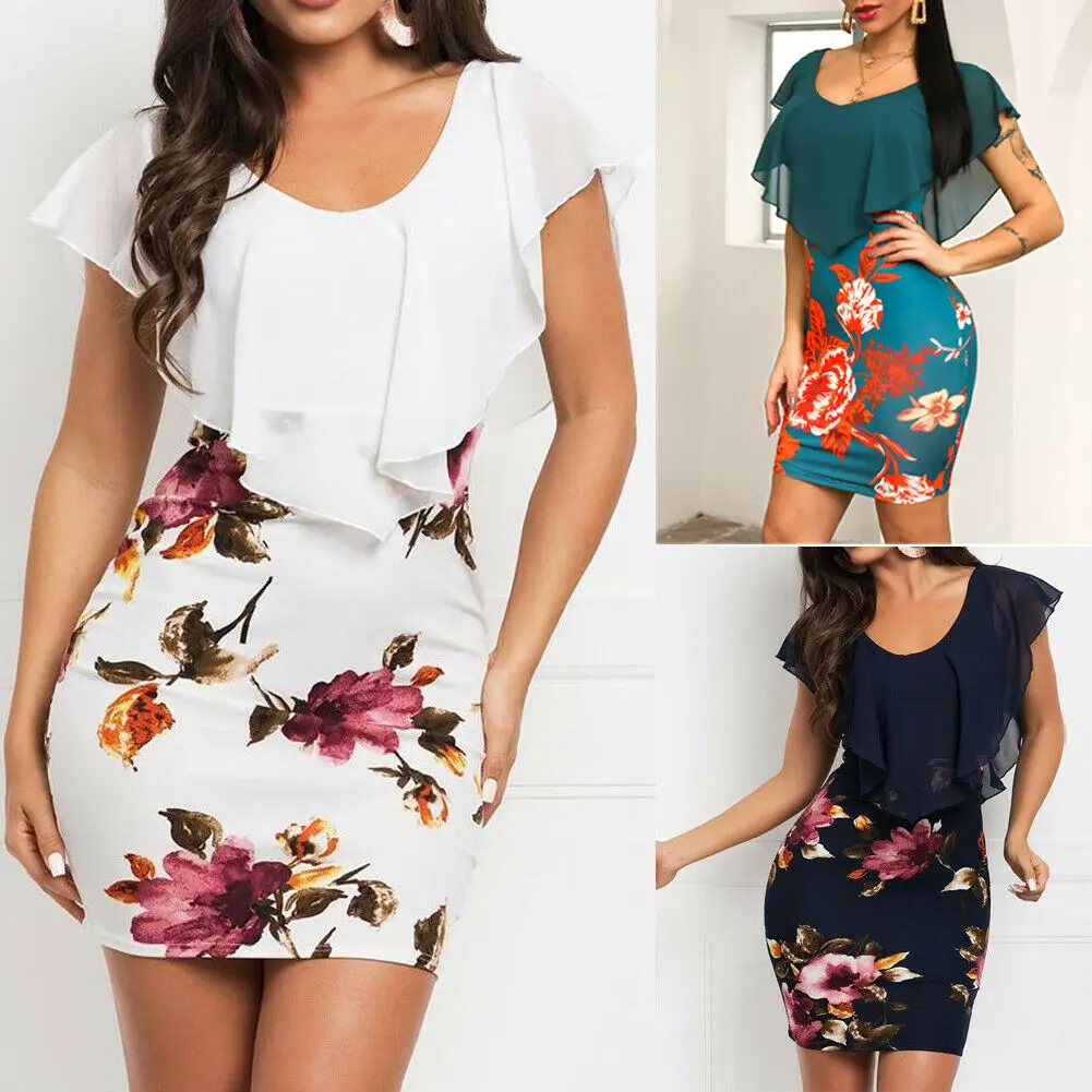 

Summer Boho Style Women V Neck Draped Ruffles Vintage Mini Dress Short Sleeve Floral Print Bodycon Party Midi Dresses