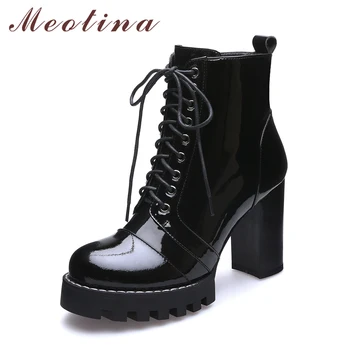 

Meotina Genuine Leather Women Boots Winter Platform High Heel Boots Ankle Boots Zip Lace up Motorcycle Boots Autumn Black Size 9