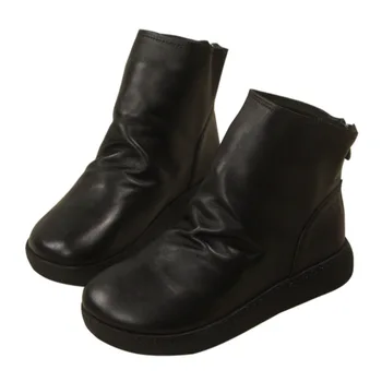 

6088-8 New Flat Bottom Single Boot Female Retro Round Head Thick Martin Boots Women Cowhide Leather Shoes