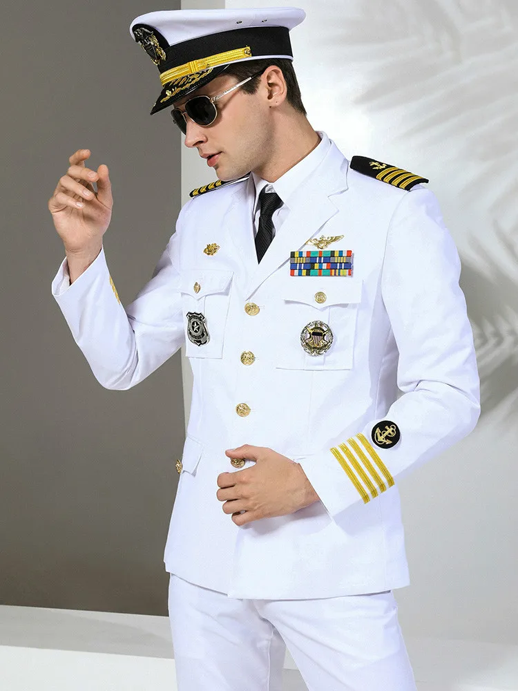 High Quality Men Suirts Military Slim Fit Suit Navy uniform Fashion Brand Stage performance Captain clothing Party costumes