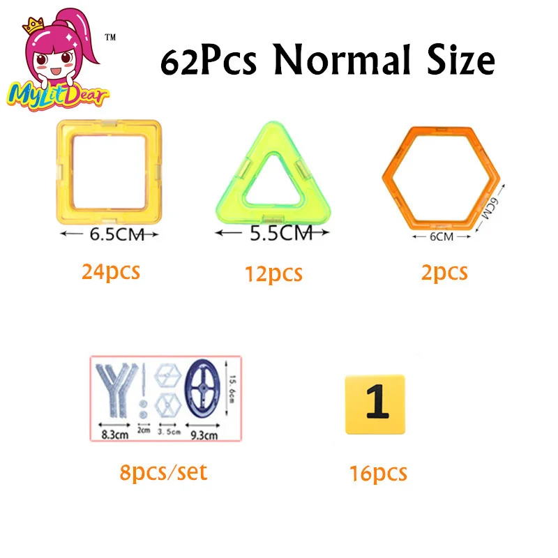 MylitDear Magnetic Designer Big Size Building Blocks 62 Pcs Kits Construction Toy Kids Educational Plastic Bricks