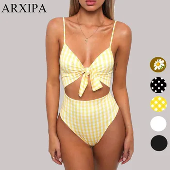 

ARXIPA Women 2018 Polka Dot Monokini Sexy Brazilian Plaid High Waist Swimsuit Cut Knot Bow Swimwear Triangle Bathing Suit Leg XL