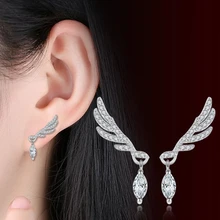 Pendientes de plata de ley 925 para mujer, de marca de moda de lujo, temperamento, geometría de Zircón, alas, joyería pequeña