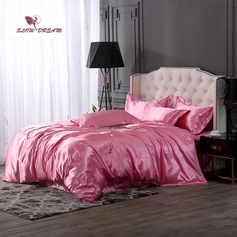 

SlowDream Pink Bedding Set Pure Silk Bedding Set Silky Luxury Bedspread Home Decor Duvet Cover Bedclothes Flat Sheet Bed Linens