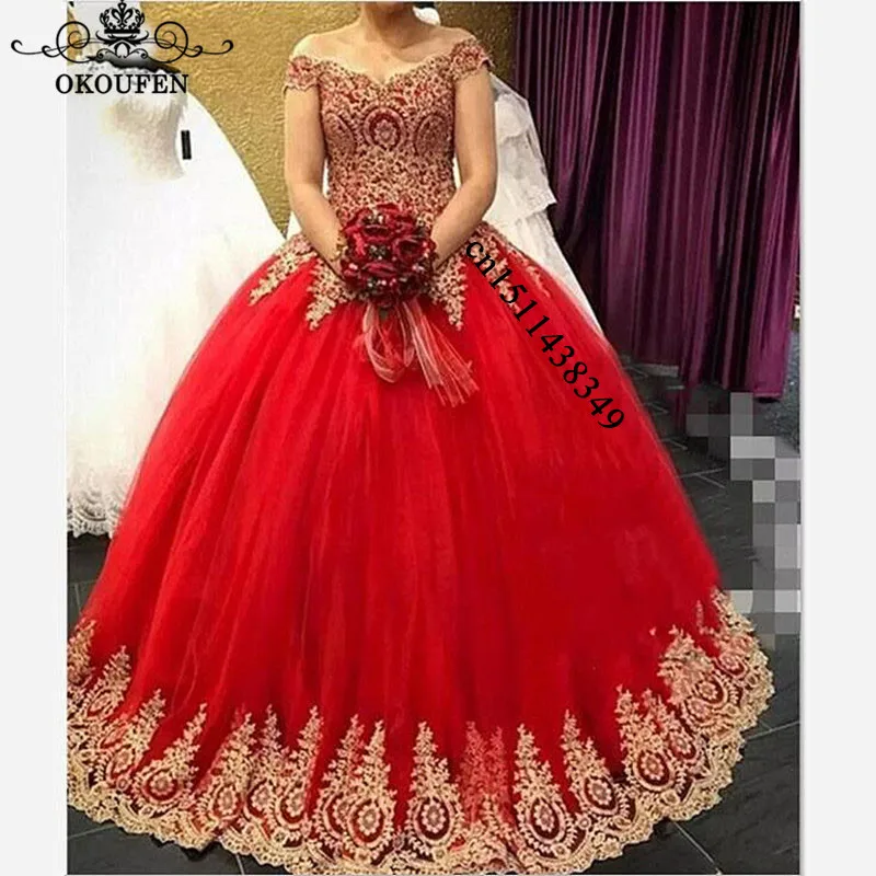 

Fabulous 2019 Red Quinceanera Dresses With Gold 3D-Floral Appliques Off Shoulder Ball Gown Sweet 16 Dress Pageant Gowns