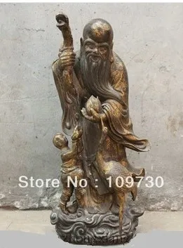 

00834 23" China Chinese Bronze Gilt God of longevity Shou Star With Kid Crane Statue