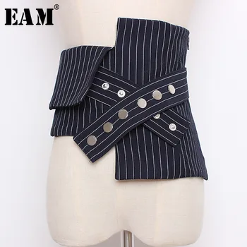 

[EAM] 2020 Four Seasons Fashionable Striped Spliced Hit Color Irregular Wide Zippers Covered Button Waist Wide Belt LD0415