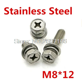 

50pcs/lot M8*12 Hex Combination Screw with Screw / Spring Washer/ Flat Washer Combined Bolts Crossing Stainless Steel