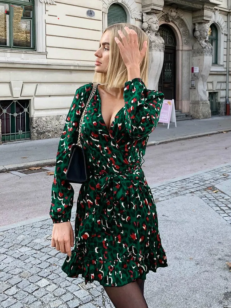 

Long Puff Sleeve Leopard Sexy Wrap Dress Women 2019 Summer Dresses Ladies V Neck Green Vintage Belted Animal Print Vestidos