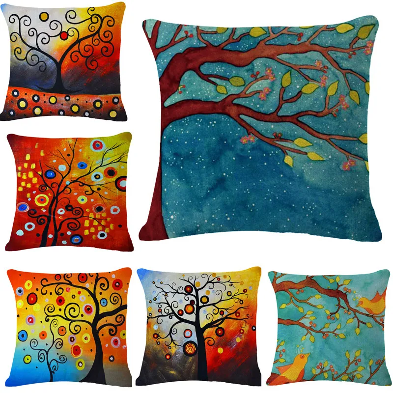 Fashion Decorate Home Cotton Linen Sofa Cushion Cover Tree Pattern