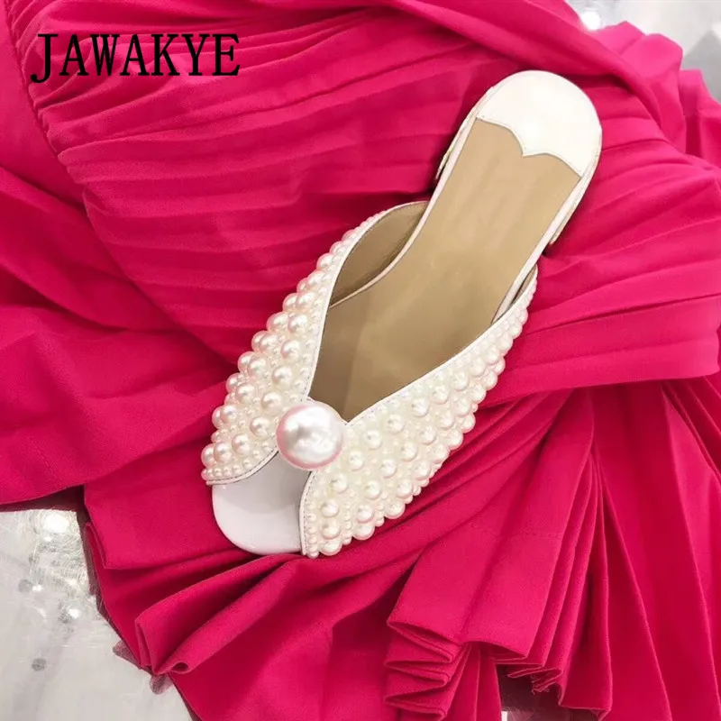 JAWAKYE новые шлепанцы с жемчугом на плоской подошве тапочки для женщин открытым