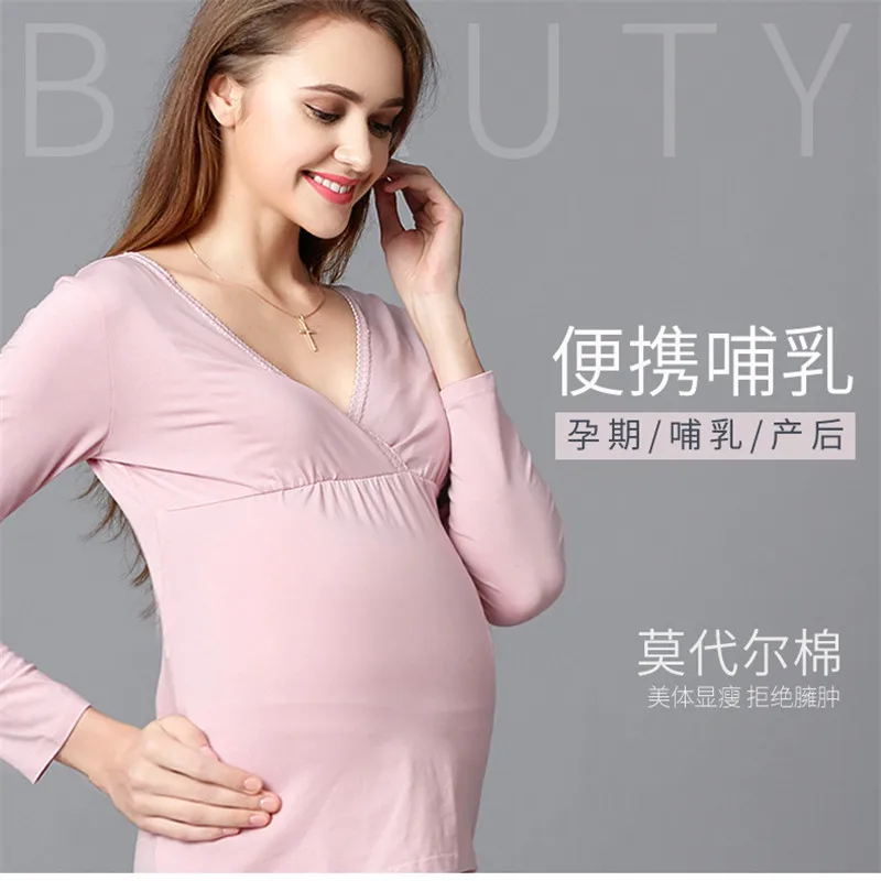 Летняя одежда для кормящих мам, пижамы для кормящих мам, топы для беременных, блузки для беременных, хлопковая футболка с длинными рукавами - Цвет: Pink