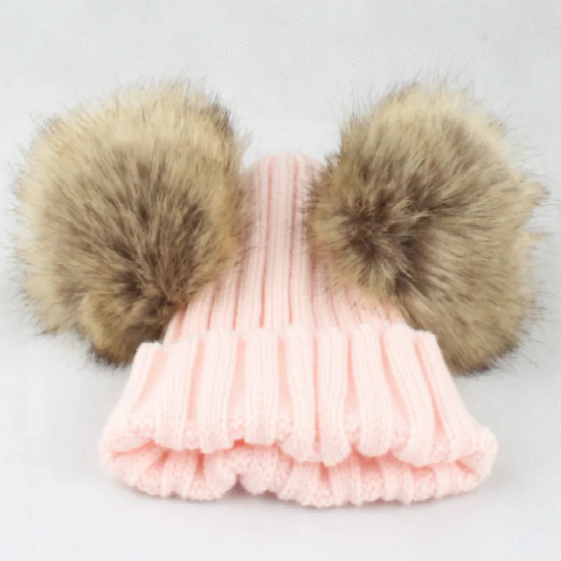 Двухслойная теплая шапка из искусственного меха кролика для родителей и детей, вязаная зимняя шапка для девочек, шапка с помпоном из искусственного меха, вязаная Лыжная шапка