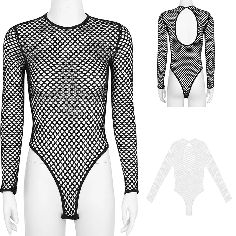 

Womens Long Sleeve One Piece Fishnet See Through Sheer Teddy Bodysuit Lingerie High Cut Tank Thong Jumpsuit Night Clubwear