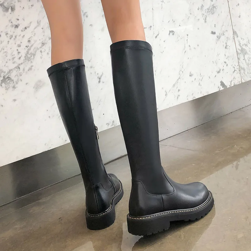 Smirnova/Сапоги до колена, большие размеры 34-42 женские сапоги из pu искусственной кожи на молнии с круглым носком и из натуральной кожи обувь на среднем каблуке женские ботинки г. Новая обувь