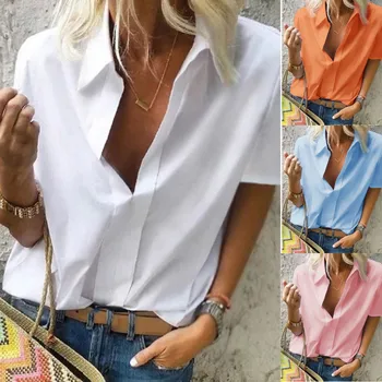 

womens blouses and tops Fashion Casual Short Sleeved Loose Pure color Deep V Neck Summer women shirt blusas de mujer verano 2019