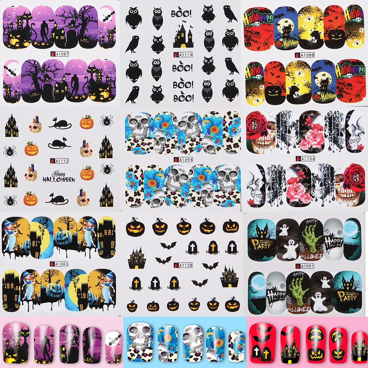 

48 Sheets Multi-style Halloween Nail Art Water Transfer Stickers Ghost Skull Spider Web Pumpkin Gel Polish Tips 3D Image Decals