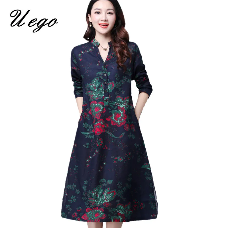 

2019 Fashion Cotton Linen Spring Dress Print Floral Vintage Dress Plus Size V-neck Women Spring Casual Midi Dress Vestidos