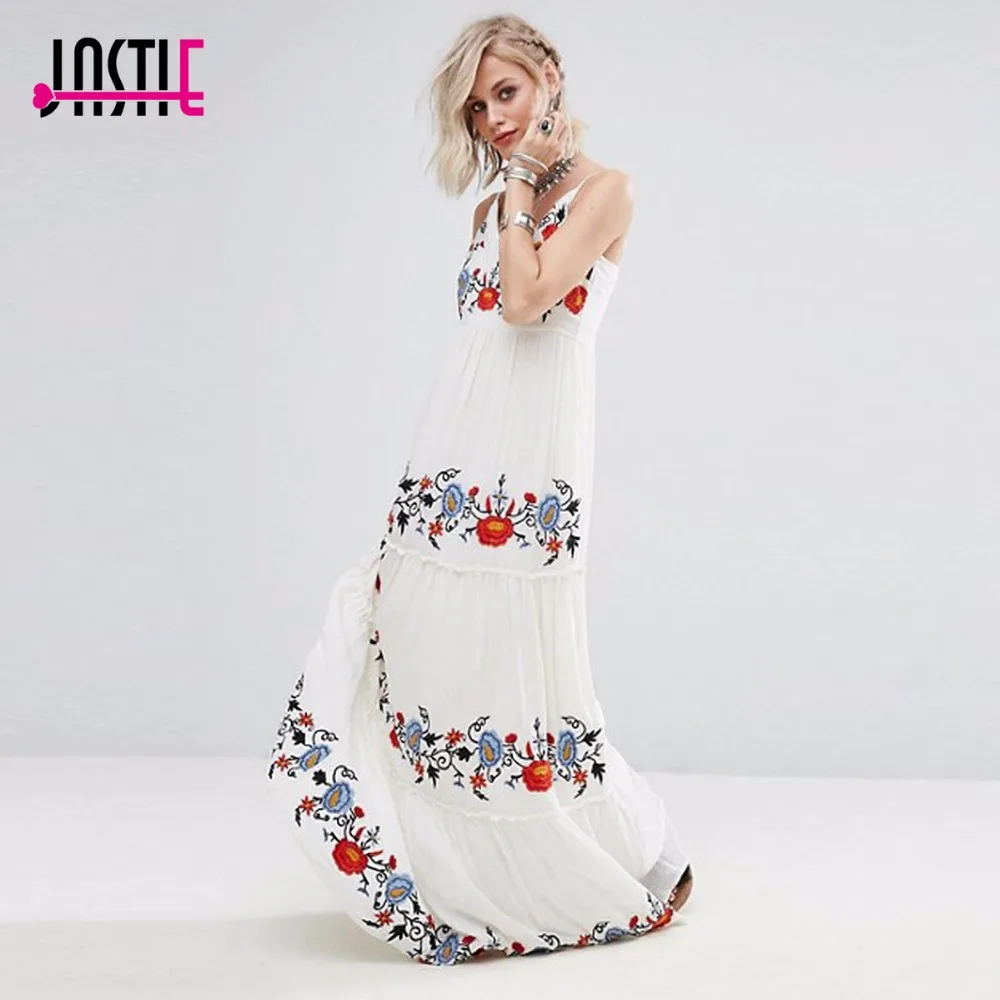 

Jastie White Dress Floral Embroidered Maxi Dress Elegant Party Dress Boho People Casual Beach Long Dresses Summer Women Vestidos
