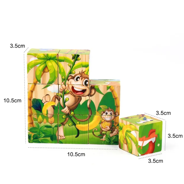 Nine Blocks Six-sided 3D Jigsaw Cube Puzzle Wooden Toy For Children Wooden Cartoon Animal Puzzle Funny Games Kid Educational Toy 6