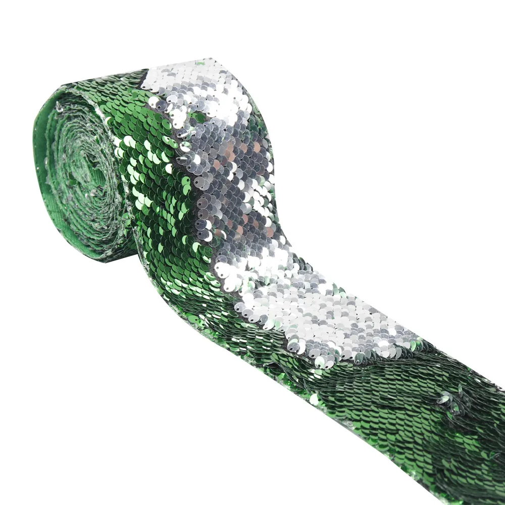 2y/лот двухцветные двусторонние пайетки лента 75 мм Blingbling лента ручной работы пояс головной убор материалы Свадебные украшения - Цвет: green silver