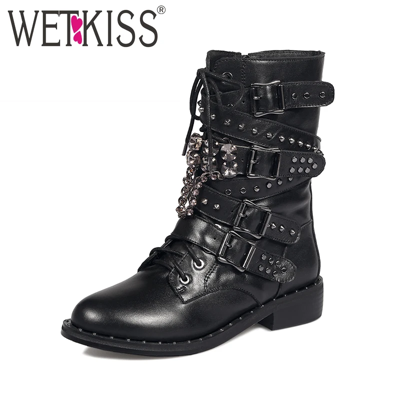 

WETKISS Genuine Leather Cool Motorcycle Boots Women Street Buckle Strap Rivets Zip Female Boots Low Heels Autumn Winter Boots