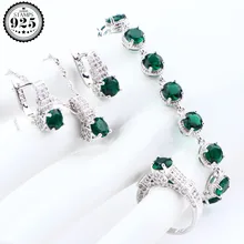 Зеленый Цирконий Свадебный набор украшений для женщин серьги 925 пробы серебряные ювелирные изделия свадебный браслет кольцо ожерелье набор подарочная коробка