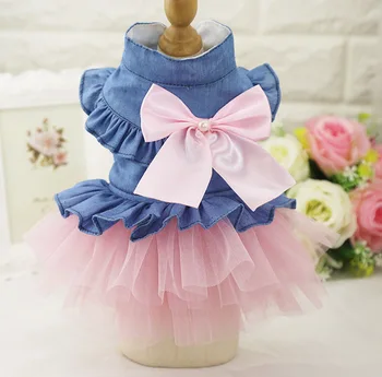 

New arrived Cute Dog Jean Dress Denim Princess Bowknot Dress Skirt Summer Pet Dog Puppy Clothes Short Sleeve Dress XS-XXL