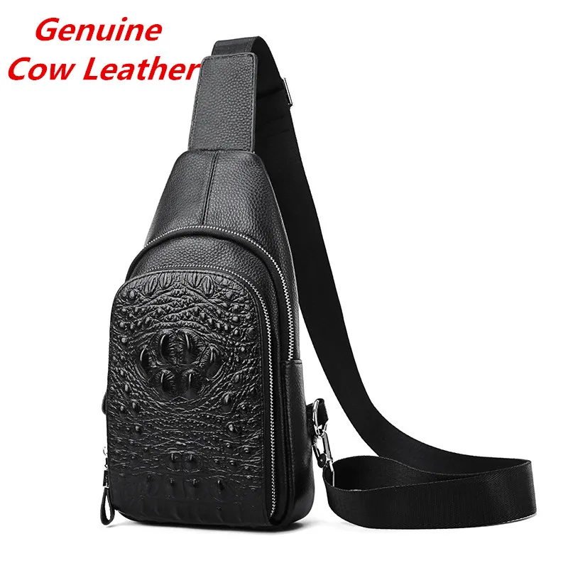 

Luxury Alligator Pattern Genuine Leather Chest Bag Party Shoulder Messenger Bags Casual Fashion Soft Cow Leather Men Bag