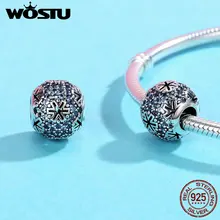 WOSTU Настоящее серебро 925 пробы Рождество Снежинка синий CZ Бусины Подходят браслет DIY Ювелирные изделия FIC402