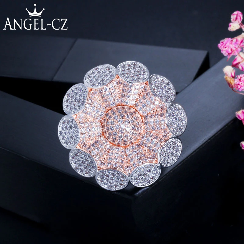 

ANGELCZ Nigerian Big Engagement Rings for Women AAA CZ Pave Setting Silver Rose Golden Flower Wedding Party Finger Jewelry AR063