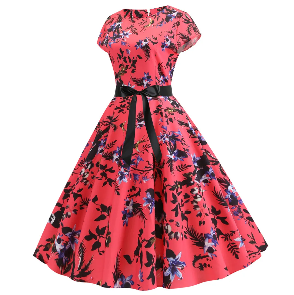 

Fashsiualy 2019 Summer Floral Print Short Sleeve Dresses Women Vintage Dress O-neck Party Rockabilly Swing Retro Plus Size Robe