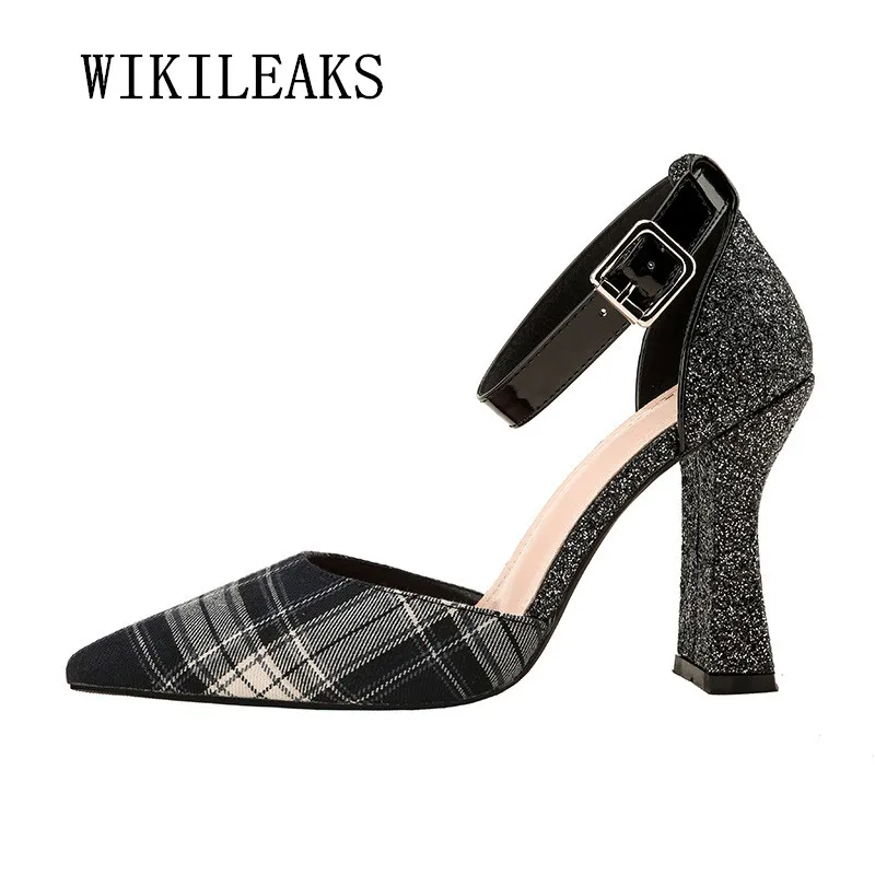

2019 bride extreme high heels checkered pumps women shoes high heels sapato feminino wedding shoes women buckle mary jane shoes