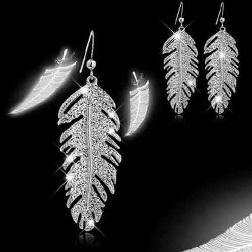 

Women Fashion Alloy Feather Shape Faux Rhinestone Dangle Earrings Gold Silver Party Gift New Chic Vintage