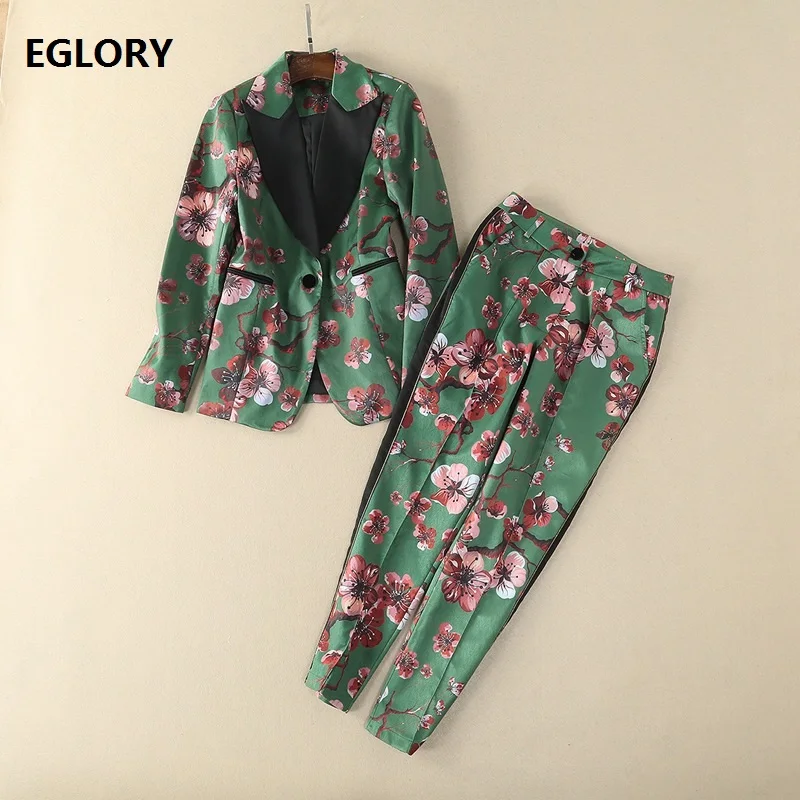 Casual Pant Suits 2 Piece Sets Single Breasted Floral Blazer Jacket