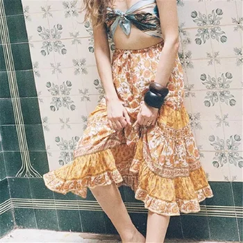 

Summer style Casual women beach boho skirt 2019 womens Floral Printed fashion flower Vintage print orange Skirt women skirts