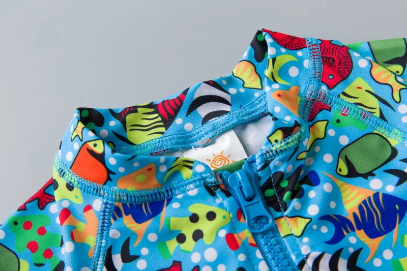 Meninos do Bebê Roupa de Banho Pedaço de Impressão de Peixe Longa com Zíper da Criança Fatos de Banho com Aba Touca de Natação Protetor Manga Menino Maiô um Sol 6 pedaço de impressão de peixe sol protetor