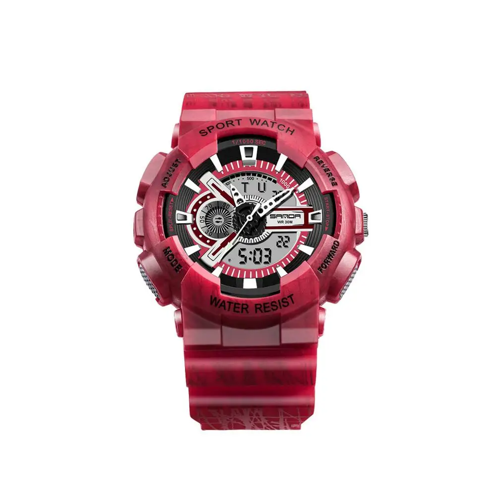 SANDA Shock стильные модные цветные мужские женские спортивные уличные Цифровые Аналоговые часы с будильником 30 водонепроницаемые военные G часы - Цвет: Красный