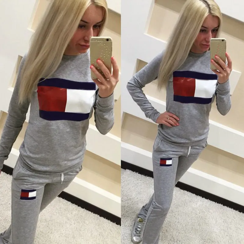 Gray Tracksuit Set Womens 2016 Cotton Print Fashion Womens Sets Casual