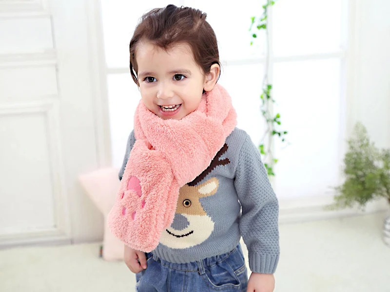 Fleece Baby Girls Neck Scarf Winter Kids Warm Scarves Super Soft Polyester Scarf Sweet Princess Pink Pocket Scarves Cute Red Bear's Paw (11)