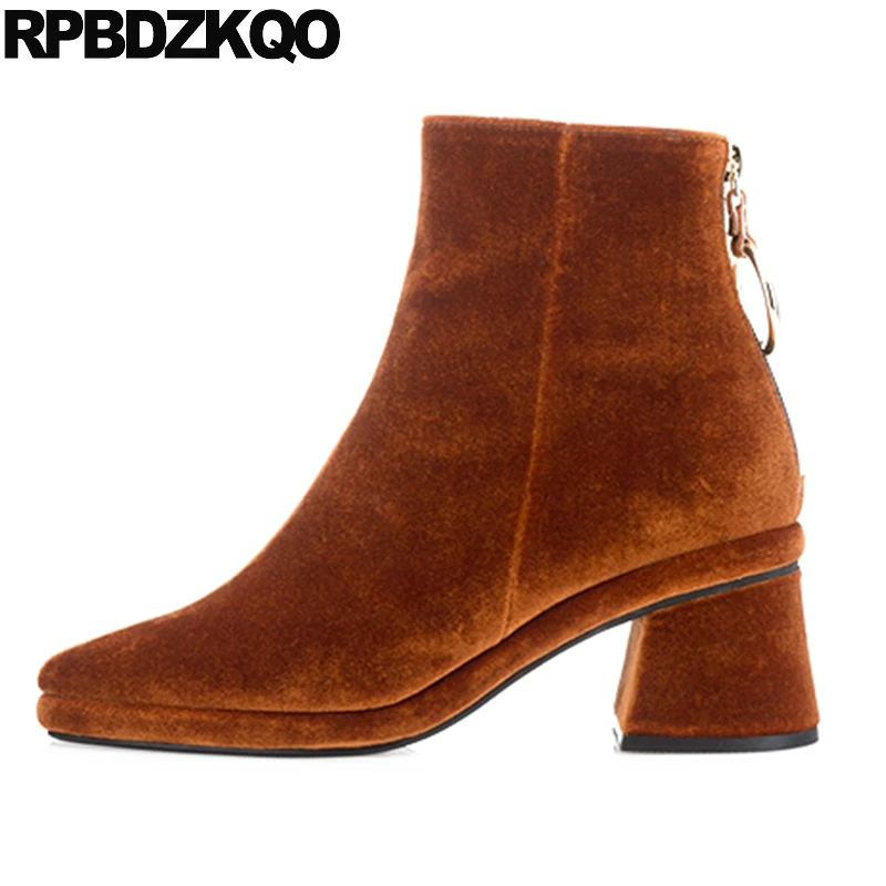 

Fashion Sexy Block Pointed Toe Autumn Short High Heel Velvet Shoes Women Boots Winter 2017 Chunky British Fall Brown Booties