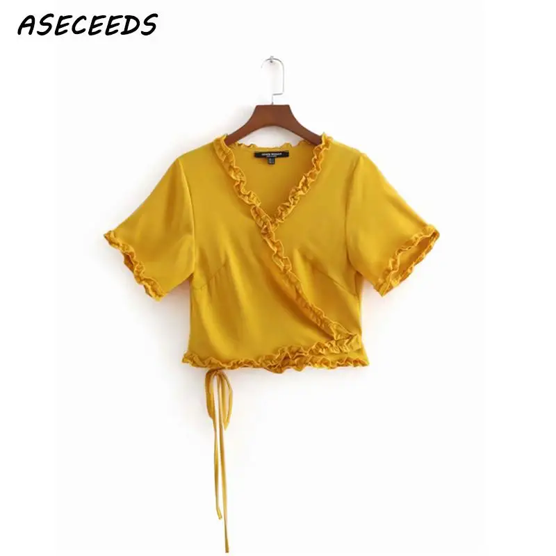 

Vintage boho korean sexy wrap blouse women shirt ruffle short sleeve summer tops for women 2019 streetwear ladies tops blusas
