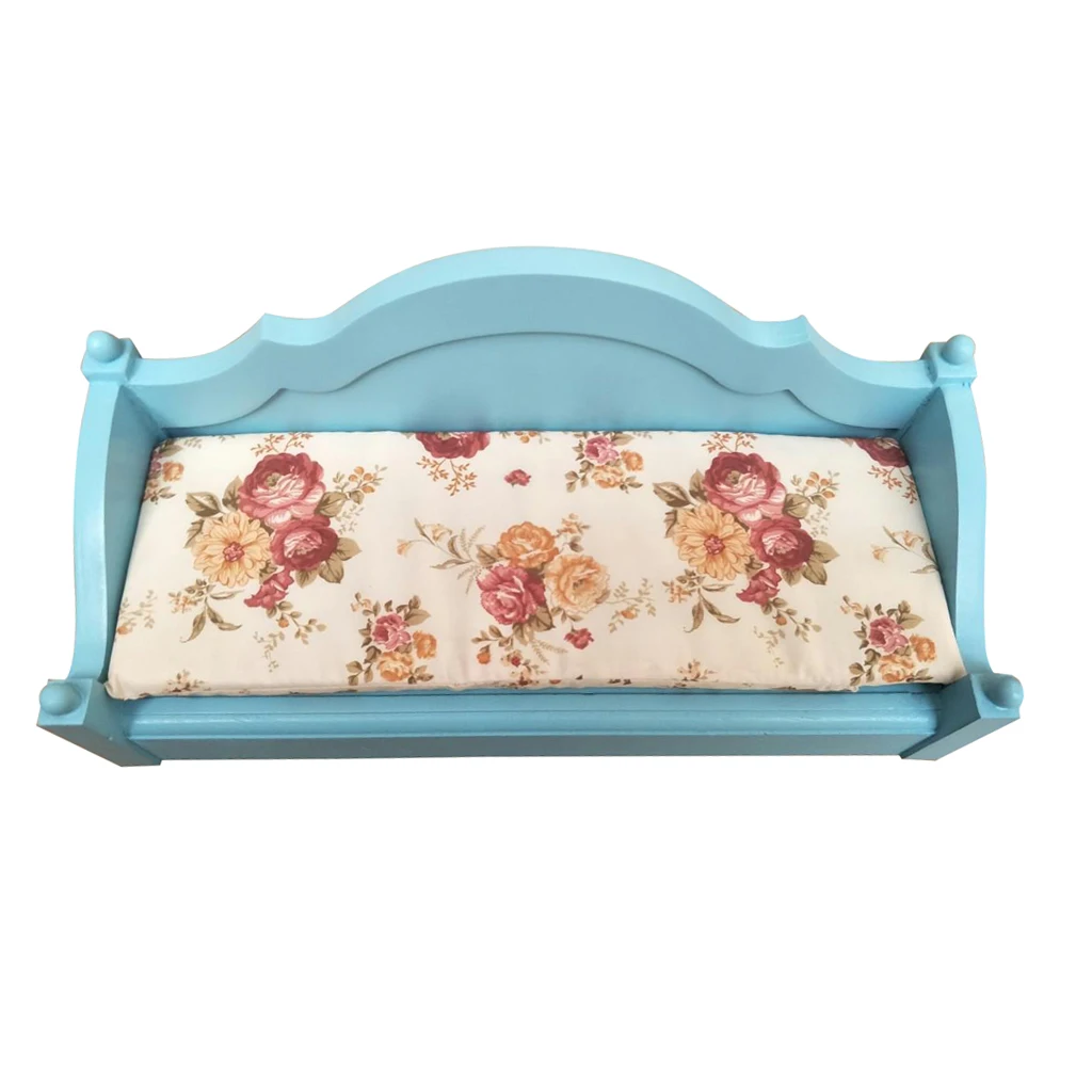 

European Style 1/6 Dollhouse Miniatures Couch Dollhouse Sofa Furniture Solid Wooden Floral Pattern Single Bed for 12inch Doll