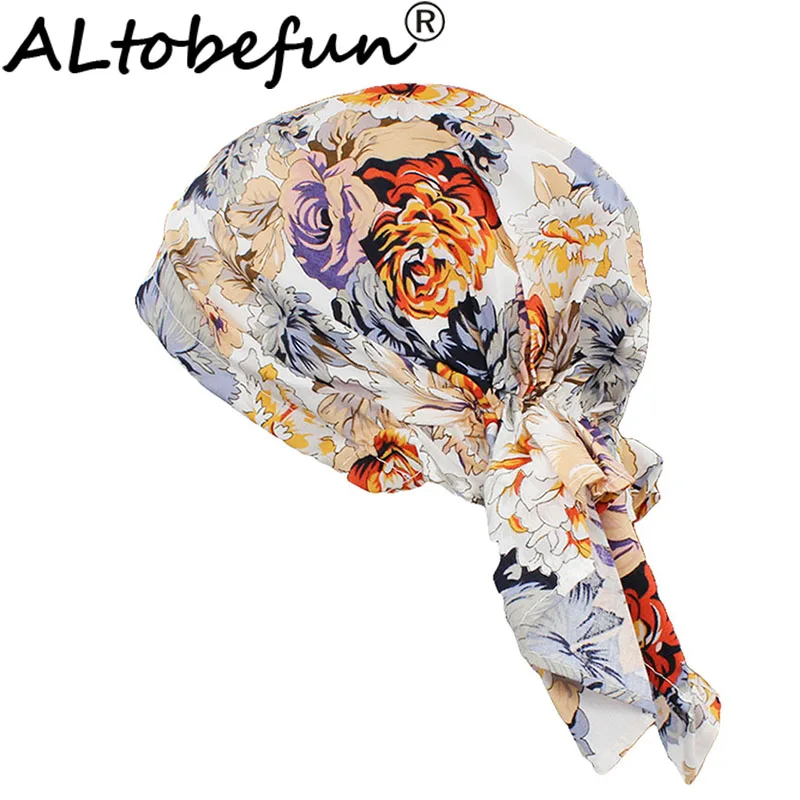 

ALTOBEFUN Floral Lady Bandanas Women Rural Caps Girl Hip-hop Stretchy Turban Cap Headwear Female Chemo Hat Polyester BD005